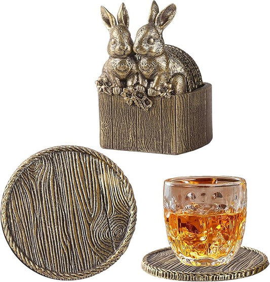 Cabin Coasters Set 6 Full Size Non-Slip Bar Coasters, Indoor Christmas Decorations, Man Cave Gifts for Men, Rustic Handmade Decor for The Home (Rabbit)