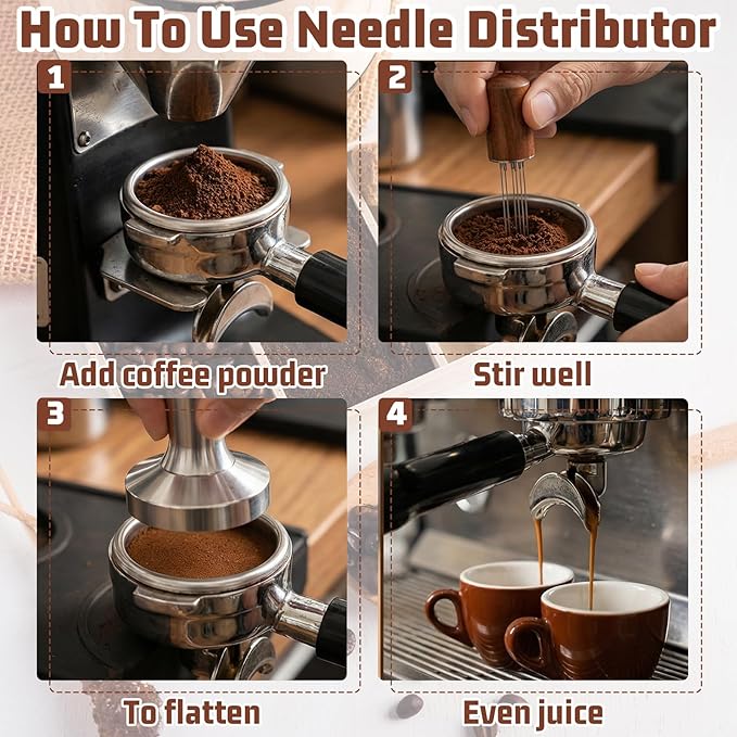 Sibba Espresso Coffee Stirrer 6 Needles, Espresso WDT Tool Distribution Tool with Natural Wood Handle and Base, Coffee Stirrer Stainless Steel Latte Art Pen Barista Tools Coffees Machine Accessories