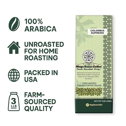 Unroasted Green Coffee Beans, Mega Beans Coffee, Specialty Grade Green Coffee Beans. (3 LB, Colombia Supremo 3 Lb)