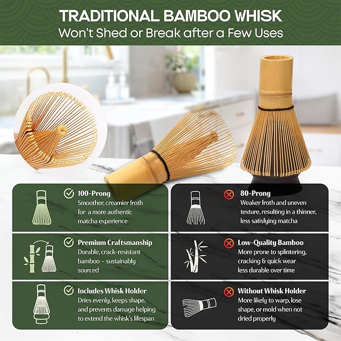 Matcha Whisk Set, 5 Pcs Matcha Set Kit Includes 15 OZ Ceramic Matcha Bowl, Bamboo Whisk, Holder, Sifter & Scoop, Tea Gift for Women Men Girl Friend, Christmas, Birthday, Halloween, Matcha Tea Ceremony