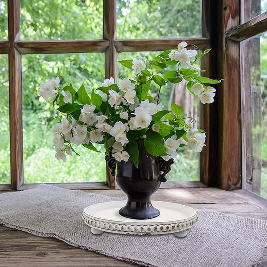 Decorative Tray: 12in White Round Wood Butler ServingTray Candle Holder Trays Vintage Centerpiece Farmhouse Ottoman Tray for Decor Countertop Home Decor Accessories