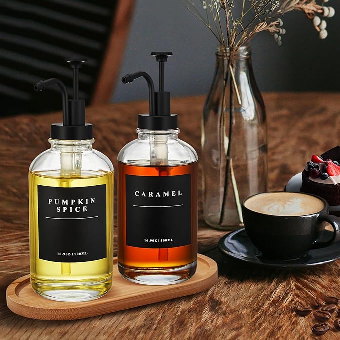 Coffee Syrup Dispenser for Coffee Bar, Coffee Syrup Pump Dispenser, Glass Syrup Bottle with Black Upgraded Pump, 2 Pack 16.9 oz 500 ml Syrup Dispensers, 28 Labels and Bamboo Tray