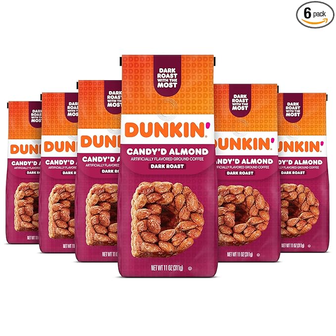Dunkin' Candy'd Almond Flavored Dark Roast Ground Coffee, 11 Ounce (Pack of 6)