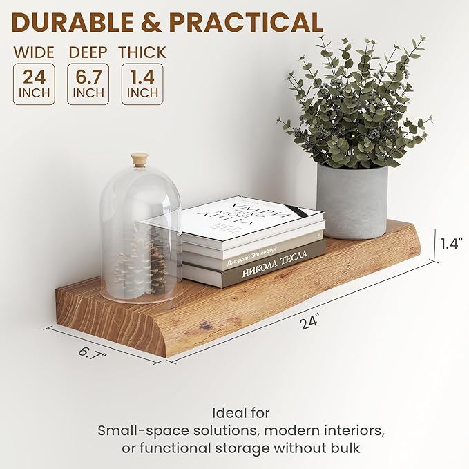 24 Inch Live Edge Floating Shelves for Wall 2 Pack Shelves for Bedroom, Bathroom, Kitchen, Wall Mounted Rustic Solid Elm Wood Floating Shelf with Invisible Bracket for Books, Decor, Storage, Natural