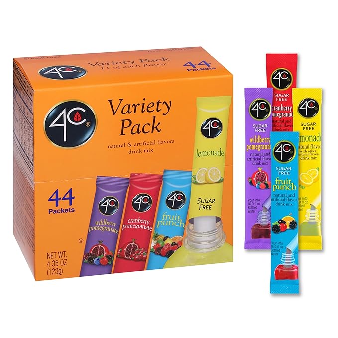 4C Powder Drink Mix Packets, PSD Variety 1 Pack, 44 Count, Singles Stix On the Go, Refreshing Sugar Free Water Flavorings (11 Each Wild Berry Pomegranate, Cranberry-Pomegranate, Fruit Punch, Lemonade)