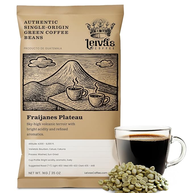 Leiva’s Unroasted Green Coffee Beans (1kg) – Fraijanes Plateau Single Origin Coffee w/Aromatic Notes – Washed, Shade Grown Organic Guatemala Beans – Bright Acid, Whole Bean Unroasted Blend