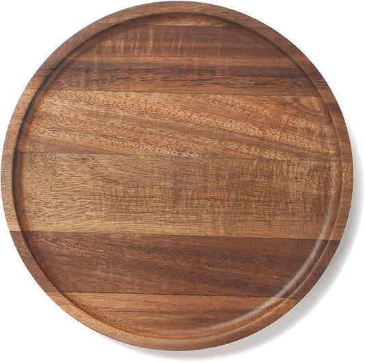 Round Wood Tray, Acacia Wooden Decorative Serving Tray for Coffee Table and Home Decor, Wooden Appetizer Charcuterie Board for Kitchen Countertop (9.8 inch)