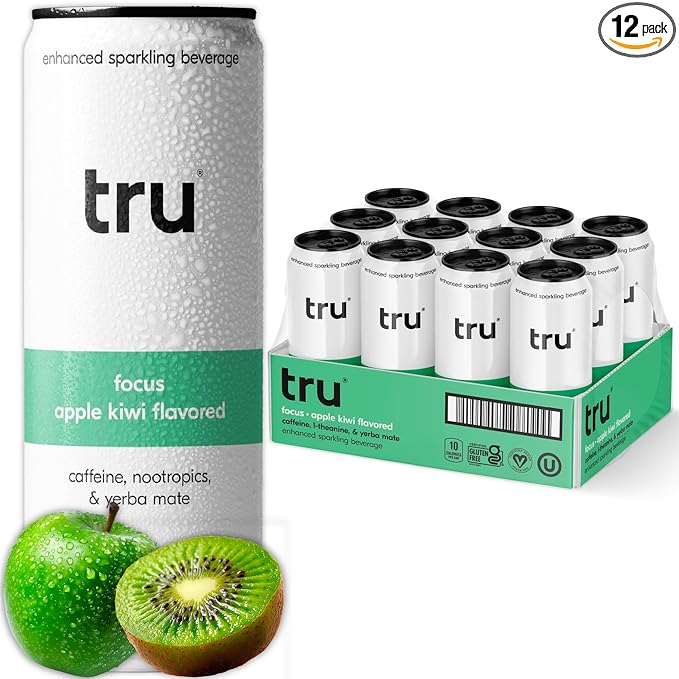 Tru Focus Seltzer, Sparkling Water with Green Tea Extract, Yerba Mate, L Theanine & Real Apple Kiwi Juice, Sweetened with Monk Fruit & Stevia, Gluten Free, Vegan, Sugar Free, 12 FL OZ Cans, 12 Pack