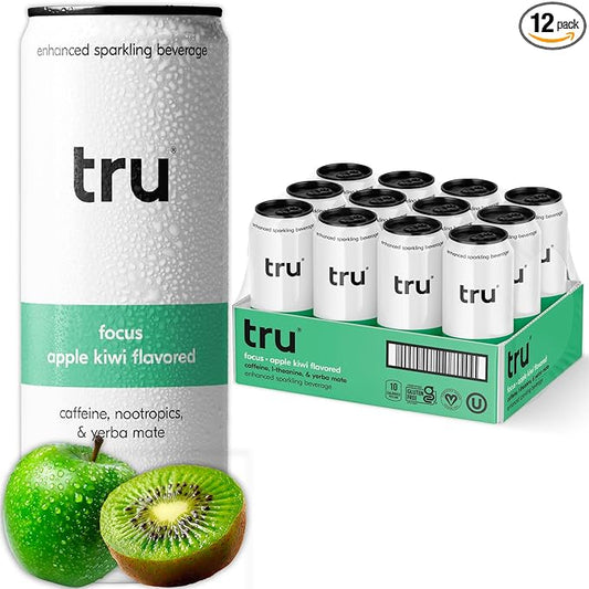 Tru Focus Seltzer, Sparkling Water with Green Tea Extract, Yerba Mate, L Theanine & Real Apple Kiwi Juice, Sweetened with Monk Fruit & Stevia, Gluten Free, Vegan, Sugar Free, 12 FL OZ Cans, 12 Pack