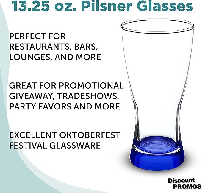 DISCOUNT PROMOS Pilsner Glasses 13.25 oz. Set of 12, Bulk Pack - Made in the USA, Perfect for Hotels, Restaurants, Bars and Even Party Favors - Blue