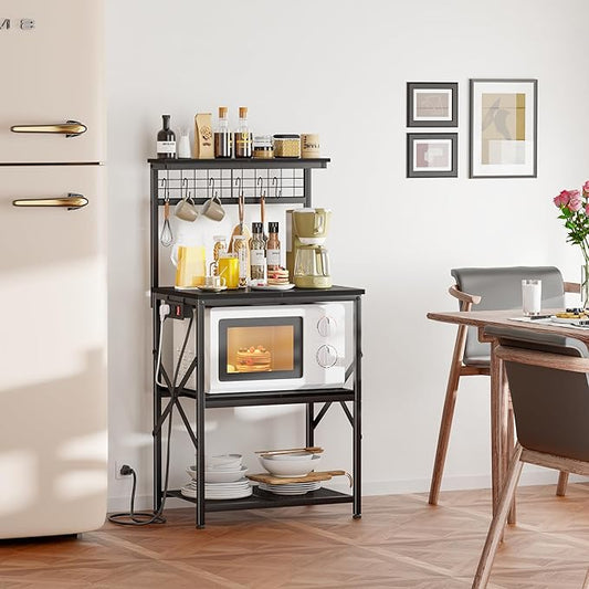 Furologee Kitchen Bakers Rack with Power Outlet, Microwave Oven Stand with Storage 4 Tiers, Coffee Bar Table with 6 S Hooks, Kitchen Storage Shelf Rack for Spices, Pots,Black