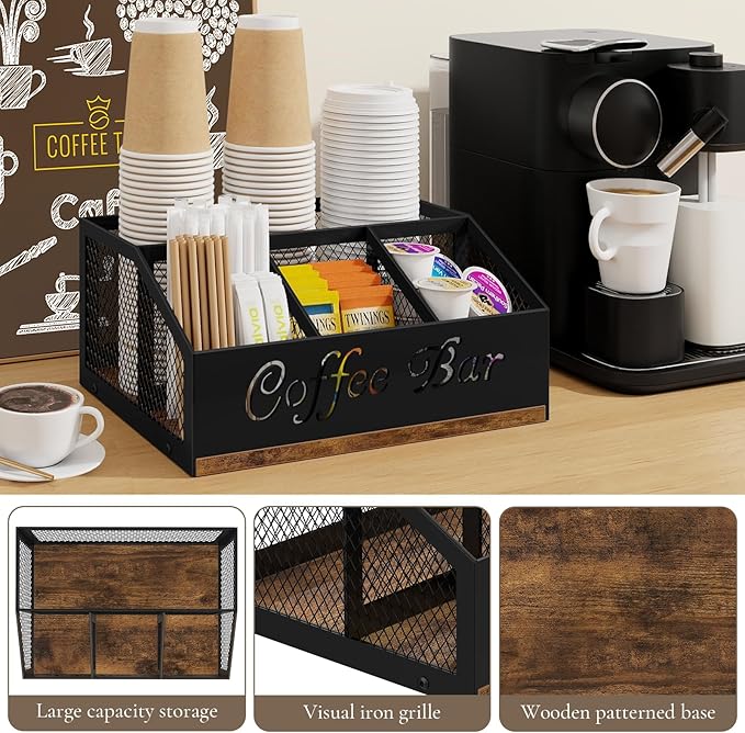 BCOZLUX Coffee Station Organizer, Rustic Brown Wooden Countertop Coffee Bar Accessories Organizer with Metal Mesh Compartments for Pods, Syrup, Cups, Stirrer, Tea