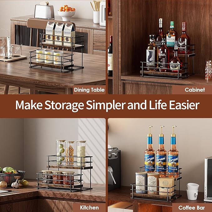 Nuovoware Coffee Syrup Organizer, 2-Tier 6 Bottles Bar Organizer, Separable Metal Rack with Wooden Base Whiskey Wine Dressing for Countertop Kitchen Coffee Bar, Black