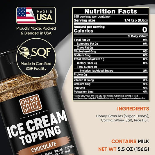 Ice Cream Topping Chocolate Powder Mix - Gluten Free & Low Sodium Cocoa Powder for Coffee Toppings. Sweet Cacao Topper Mix Seasoning Flavor for Oatmeal, Yogurt & Dessert. Chocolate for Coffee. 5.5oz