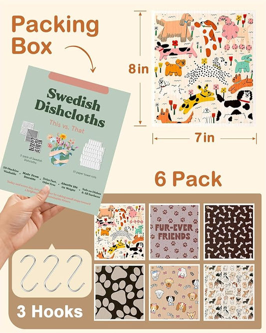 Kitchen Swedish Dishcloths with Hooks - 6 Pack Reusable Dish Cloths for Washing Dishes Fast Drying Cute Fun Swedish Dish Towels Washable Cleaning Sponge, Furry Dog