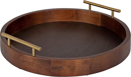 Kate and Laurel Lipton Modern Round Tray, 18", Dark Walnut and Gold, Decorative Accent Tray for Storage and Display