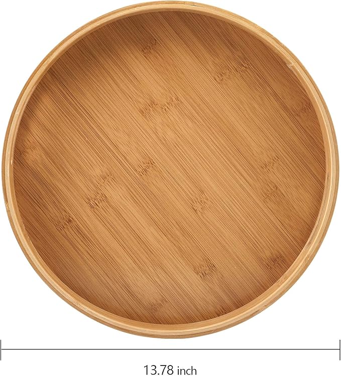 Jucoan 13.8 Inch Large Round Bamboo Serving Tray, Bamboo Wood Circle Tray with Handles, Round Ottoman Food Tray for Serving Breakfast, Drinks, Snack on Home Dining Table