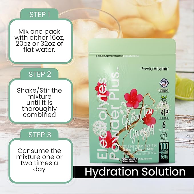 PowderVitamin Electrolytes Powder Plus (100 Servings) Green Tea Ginseng Electrolyte Powder Keto, Sugar Free, Pink Himalayan Salt,1000mg Potassium,150mg Calcium,150mg Magnesium, Hydration Powder