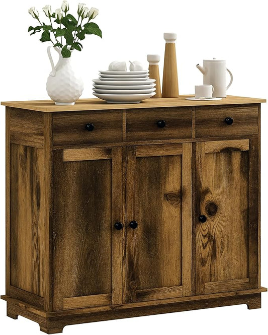 HOMCOM Sideboard Buffet Cabinet with Solid Wood Countertop, Modern Kitchen Storage Cabinet, Coffee Bar Cabinet with 3 Drawers, Doors and Adjustable Shelf, Rustic Brown