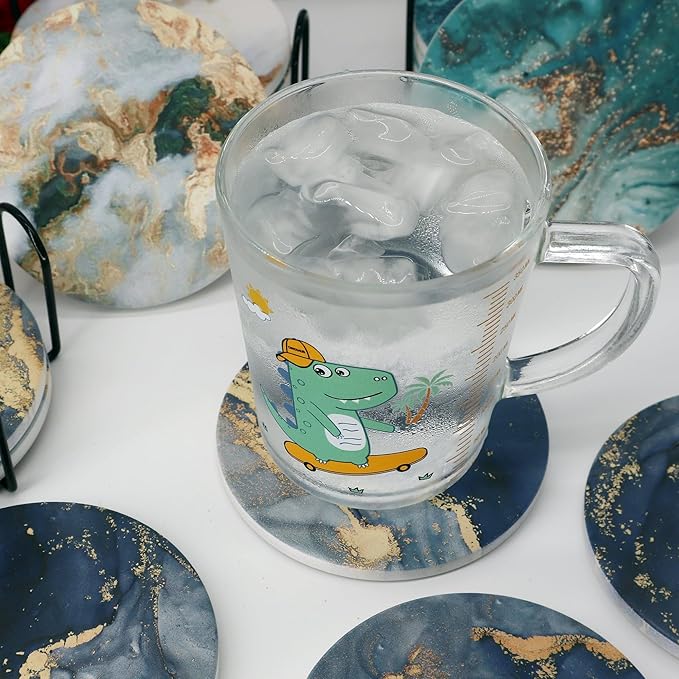 Navy Blue Marble Ceramic Coasters with Holder Absorbent Drink Coaster Set Outdoor Round Abstract Cute Table Decorative Coffee Cup Beverage Fun Wine Beer Bar Gold Housewarming 6 Pack