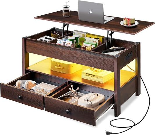 WLIVE Coffee Table, Lift Top Coffee Table with 2Drawers, LED Light, Large Storage and Open ShelfLift Tabletop for Living Room, Espresso