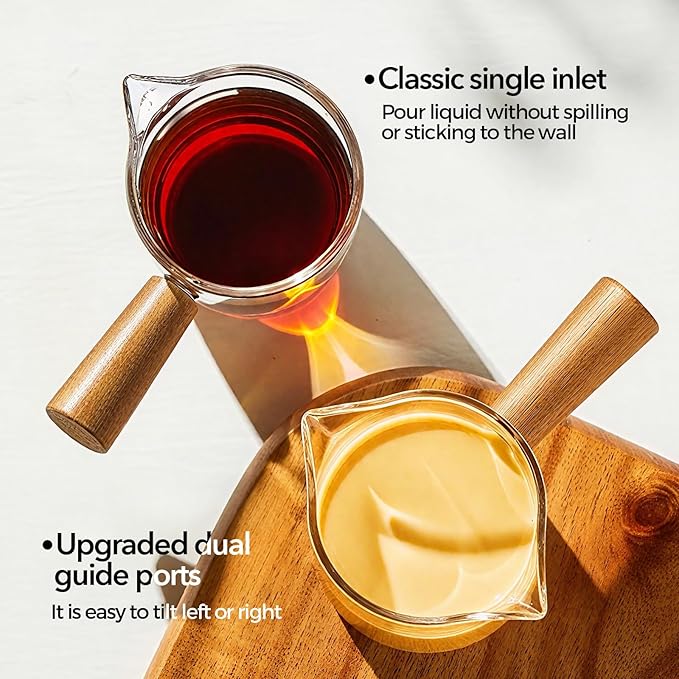 YARRAMATE 2.5 oz/75ML Espresso Shots Cup with Wood Handle, Clear Glass Espresso Measuring Cup with Dual Scale, Shot Glass with Single Spout, Dishwasher Safe