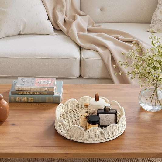 GRANNY SAYS Wicker Decorative Scalloped Trays for Home Decor, Coffee Table Trays with Handles, Woven Rattan Tray for Kitchen Counter, Round Serving Tray Decor for Living Room and Ottoman, White