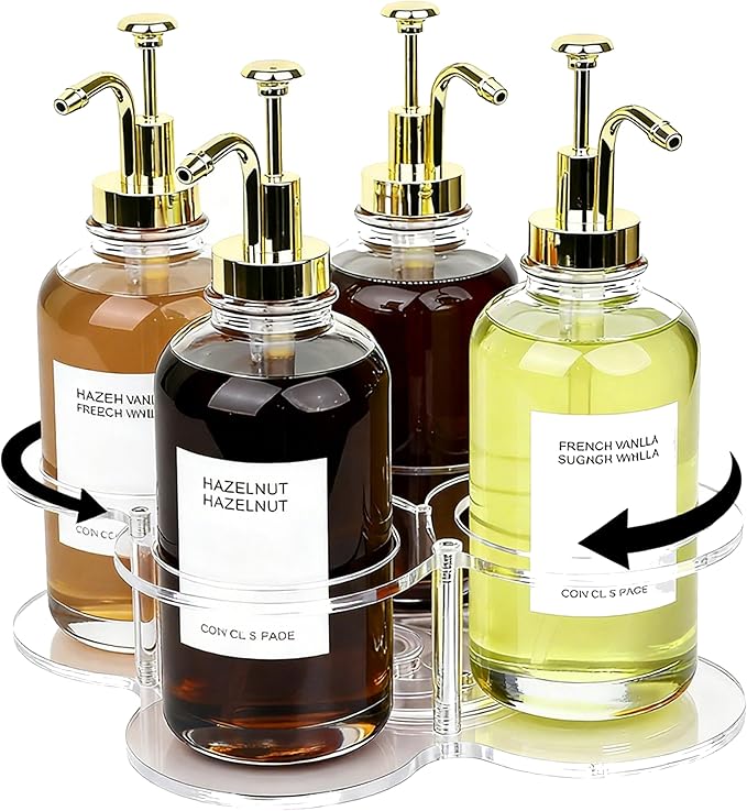 Acrylic Syrup Dispenser Organizer, 360°Rotating Storage Rack for 4 Bottles,Clear Coffee Syrup Bottle Holder for Coffee Station Accessories,Home Bar,Kitchen-Fits 16.9 oz Bottles(Syrup Rack Only)