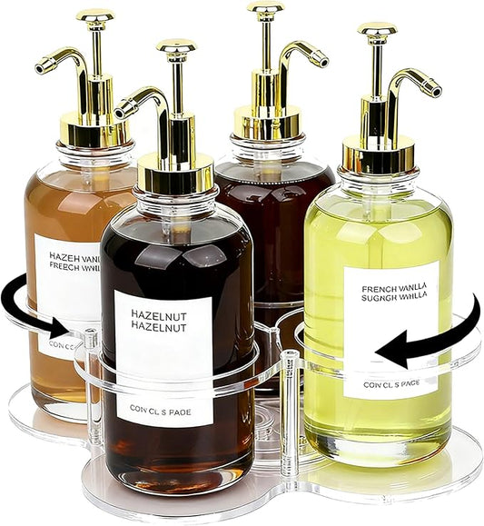 Acrylic Syrup Dispenser Organizer, 360°Rotating Storage Rack for 4 Bottles,Clear Coffee Syrup Bottle Holder for Coffee Station Accessories,Home Bar,Kitchen-Fits 16.9 oz Bottles(Syrup Rack Only)