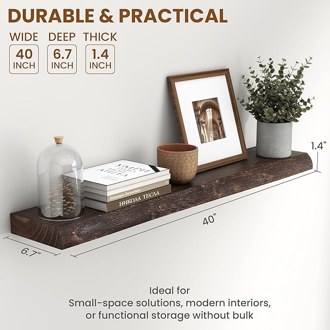 Live Edge Elm Wood Floating Shelves, 40 Inch Long Wall Shelves 1 Pack Shelf for Farmhouse Bedroom Bathroom Kitchen, Wall Mounted Wooden Shelf with Invisible Bracket for Books Decor, Walnut