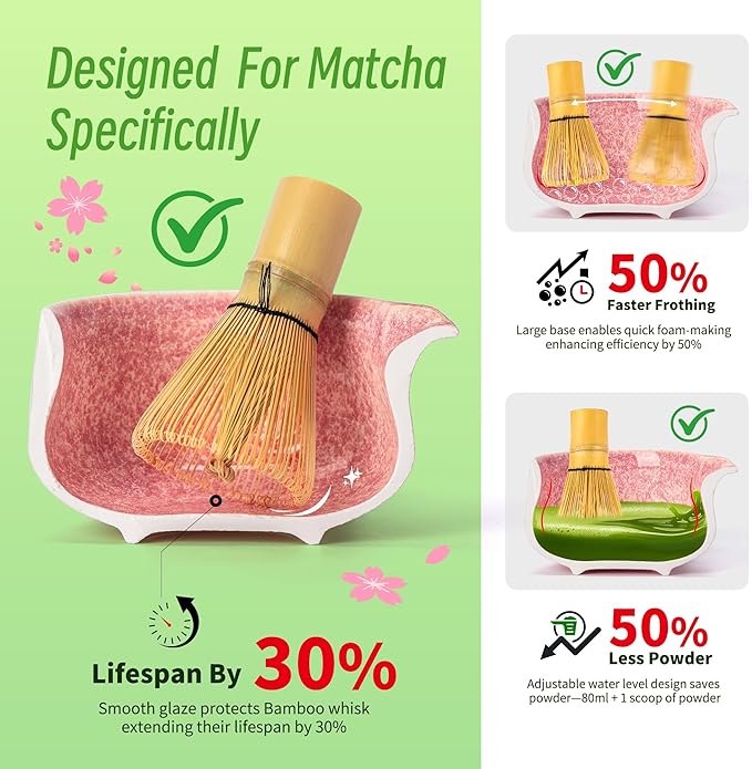 TEANAGOO Matcha Whisk Set,7 Pcs Matcha Set Pink for Making Latte,Ceramic Bowl(chawan) whith Spout and Whisk,Gift for Friend/Family