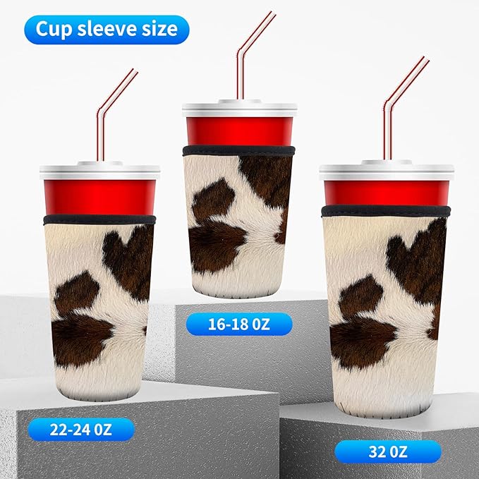 3 Pack Reusable Neoprene Insulator Sleeve for Iced Coffee Cups, Funny Coffee Cup Sleeves for 16-32oz Coffee cups, Cute Drink Sleeve for Cold Hot Beverages Cute Cow Print