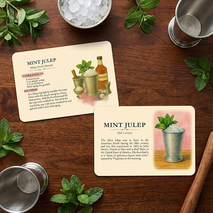 History By The Glass: Classic Cocktail Origins 1806–1919, 20 Illustrated Recipe & Reference Cards, Vintage Art Card Collection, Historic Drink Guide Set, Unique Gift for Home Bar or Collectors
