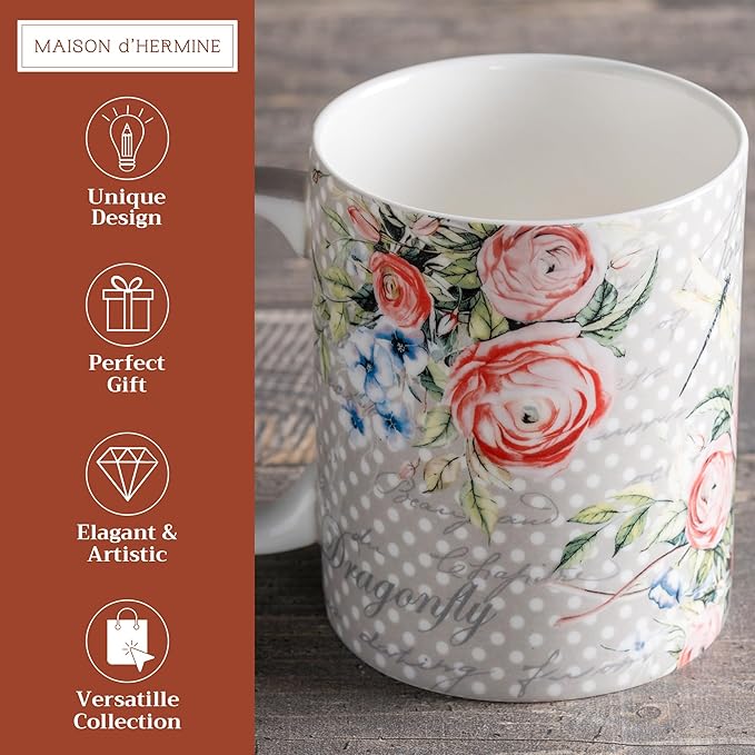 Maison d' Hermine Coffee Mug with Handles Fine Bone China Mugs Pack of One Tea Cups for Hot Beverages Cappuccino Latte Home Restaurant Office Perfect for Gift (Champ De Mars - Dotty, 12 Ounce)