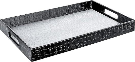 17.5"x12" Silver & Black Glossy Crocodile Faux Leather Serving Tray Beautiful Modern Elegant Decorative Tray with Handles Ottoman Coffee Table Tv Remote Storage for All Occasion's