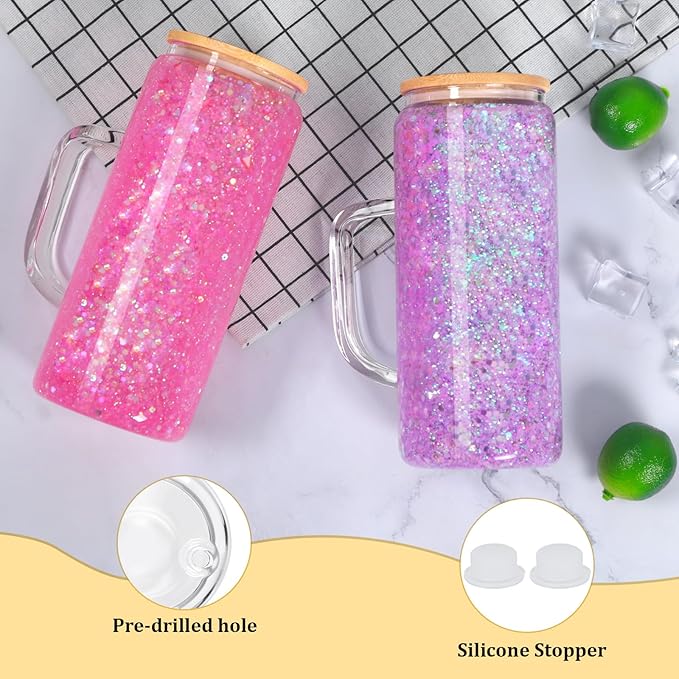 20 Oz Snow Globe Glass Cup With Handle, 6 Pack Pre-Drilled Double Wall Glass Coffee Mug For Snowglobe Diy Glitter, Double Wall Snow Globe Tumbler with Bamboo Lid