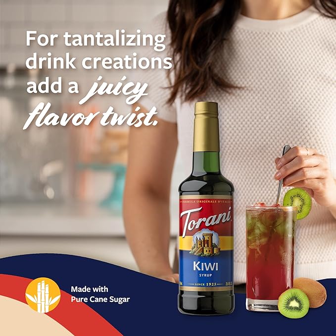 Torani Kiwi Syrup for Drinks, Flavoring for Iced Tea, Lemonade, Sodas, and Cocktails, Pump Included, 25.4 Oz