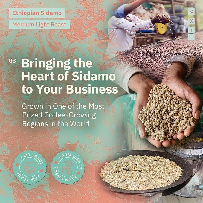 Ethiopian Sidama Ground Coffee - Single Origin Medium Light Roast, Freshly Roasted To Order Ground Coffee, Specialty Grade, Fair Trade and Non-GMO, Chocolate and Fruity Notes - 5LB