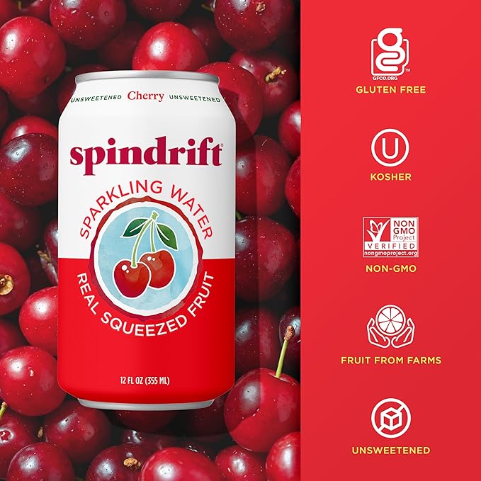 Spindrift Sparkling Water, Cherry Flavored, Made with Real Squeezed Fruit, 12 Fl Oz Cans, Pack of 24 (Only 21 Calories per Can)