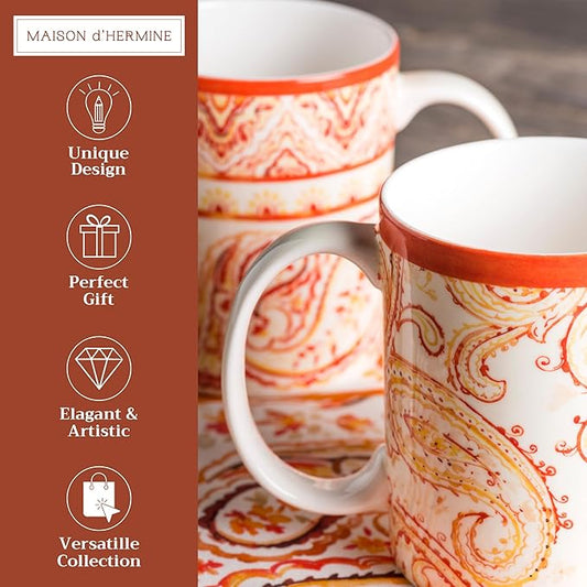 Maison d' Hermine Coffee Mug with Handles Fine Bone China Mugs Pack of Two Tea Cups for Hot Beverages Cappuccino Latte Home Restaurant Office Perfect for Gift (Palatial Paisley, 12 Ounce)