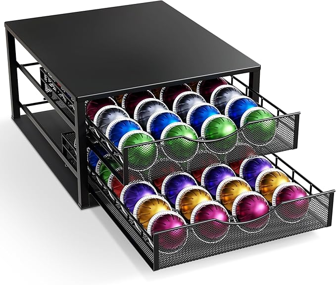 Coffee Pod Holders Drawer - 2 Tier K-Cup Holder Drawer with 56 Pod Cap, Kcup Storage Nonslip Rubber Mat - Dual Sliding K Cup Organizer, Coffee Station Organizer for Countertop Home Office