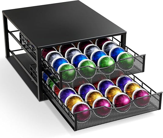 Coffee Pod Holders Drawer - 2 Tier K-Cup Holder Drawer with 56 Pod Cap, Kcup Storage Nonslip Rubber Mat - Dual Sliding K Cup Organizer, Coffee Station Organizer for Countertop Home Office