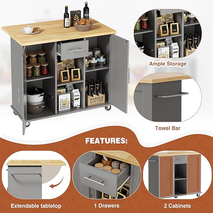 JY QAQA 42" Kitchen Island with Storage on Wheels, Rolling Table with Drop Leaf, Drawers, Cart Handle for Towel Rack or Free Movement, Gray