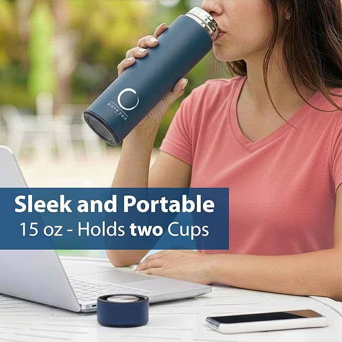 Pure Zen Tea Thermos with Infuser for Hot and Cold Infusions - Stainless Steel - Tea Infuser Bottle - Leakproof Travel Mug with Filter - 15oz - Blue
