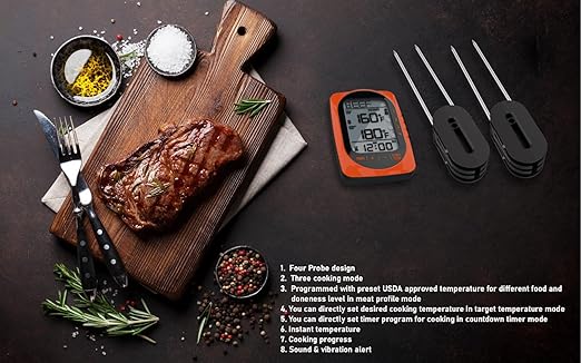 Meat Thermometer Digital Instant Read Food Thermometer Grill Thermometer Smart Bluetooth BBQ Thermometer Oven Thermometer with 4 Probes Time Mode Temper Mode for Grill Candy Meat Oven Food Smoker