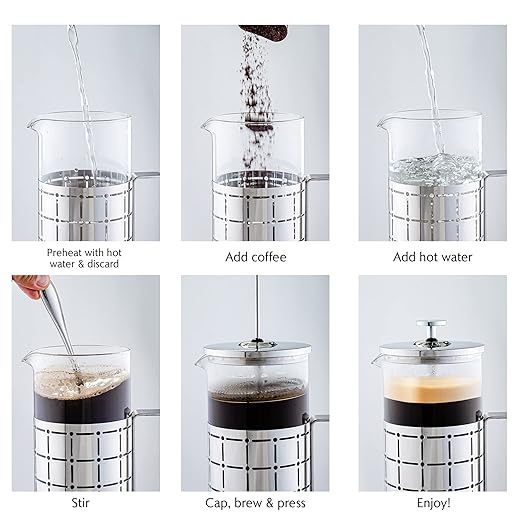 OVENTE French Press Coffee Maker 34 Ounce with Heat Resistant Borosilicate Glass, Stainless Steel Design and 4-Level Filter System, Portable Cold Brewer Pot for Travel, Camping or Gift, Silver FSS34P