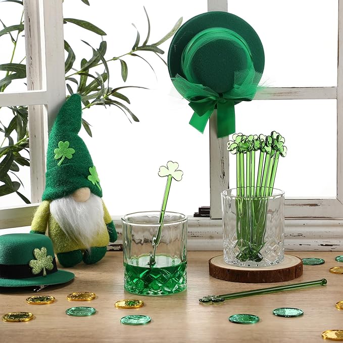 12 Pcs St. Patrick's Day Glass Drink Stirrers 7 Inch Swizzle Sticks for Cocktails Coffee Reusable Green Shamrock Beverage Stir Sticks for Irish Festival Party Coffee Bar Kitchen Bar