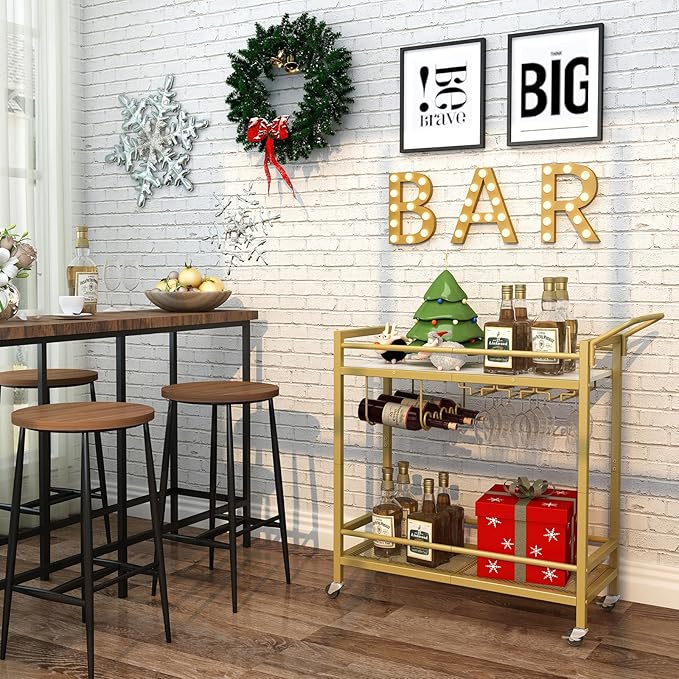 LAATOOREE Bar Cart, Two-Color Home Bar Serving Cart, Mobile Drink Beverage Cart with 2 Storage Shelves, Rolling Kitchen Cart with Wine Holder and Glass Holder, for Dinning Room, Living Room, Kitchen