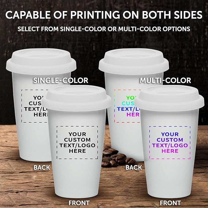 Personalized 11 oz. Double Wall Ceramic Tumblers with Lid - 6 Pack - Custom Text, Logo - White