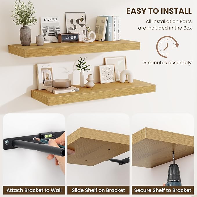 Fun Memories 32 x 12 Floating Shelves Wall-Mounted - Rustic Wood Shelf - 12 Inch Deep Floating Shelves for Wall - Large Storage Shelf for Bathroom - Kitchen & Bedroom - Oak - Set of 2